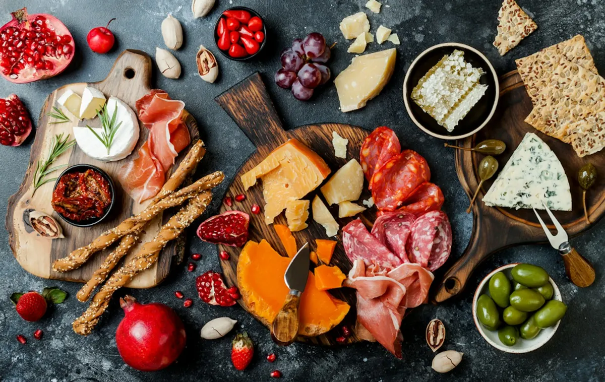 Charcuterie and cheese board with fruit and nuts